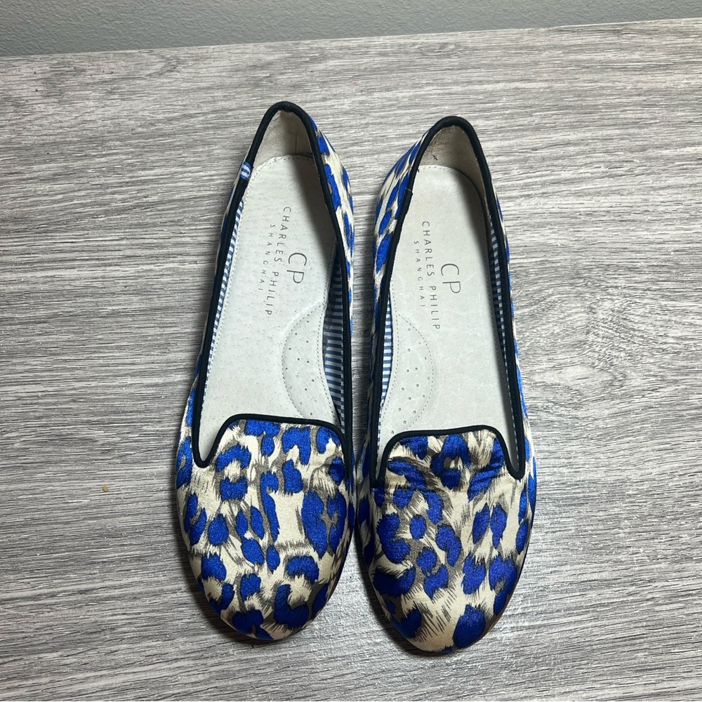 Charles Philip Shanghai Blue & Beige Animal Print Flats Loafers Moccasins 7